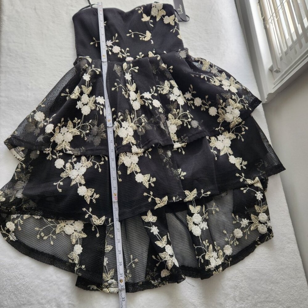 Lulus How Sweet Black Embroidered Strapless Mesh Tiered Mini Dress Small NWT - Picture 14 of 16